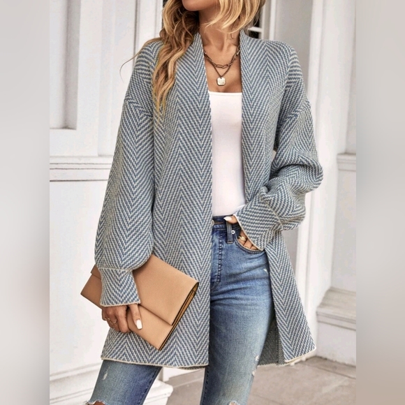 * New Cozy Chic Chevron Stripe Knit Cardigan Sweater Duster Blue Off White - Picture 1 of 8